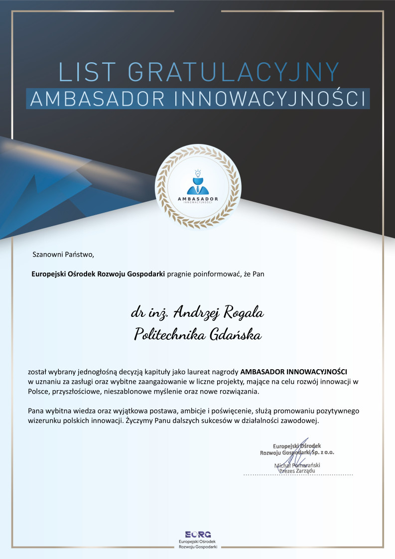 List Gratulacyjny Ambasador Innowacyjności